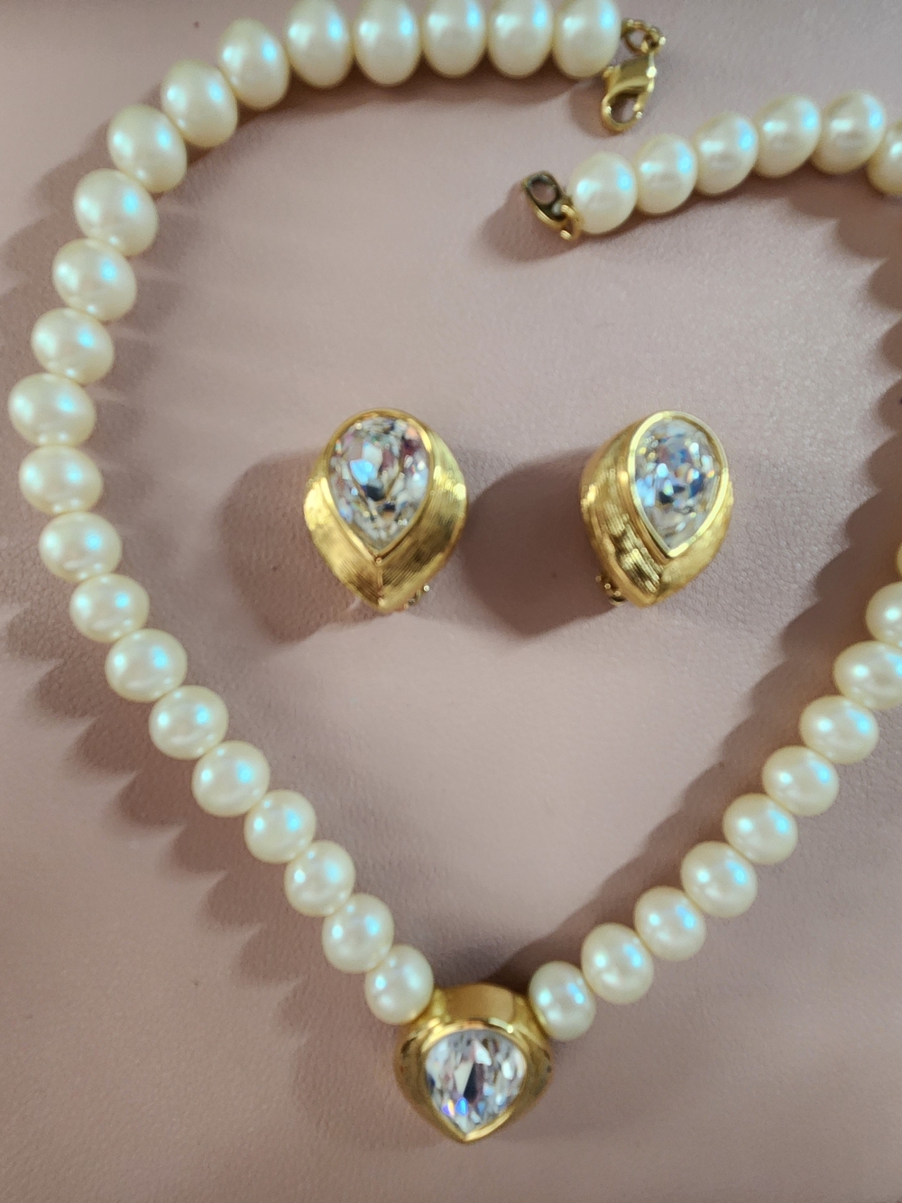 Classic Pearl Necklace and Earrings Set with Gold and  Crystal Accents